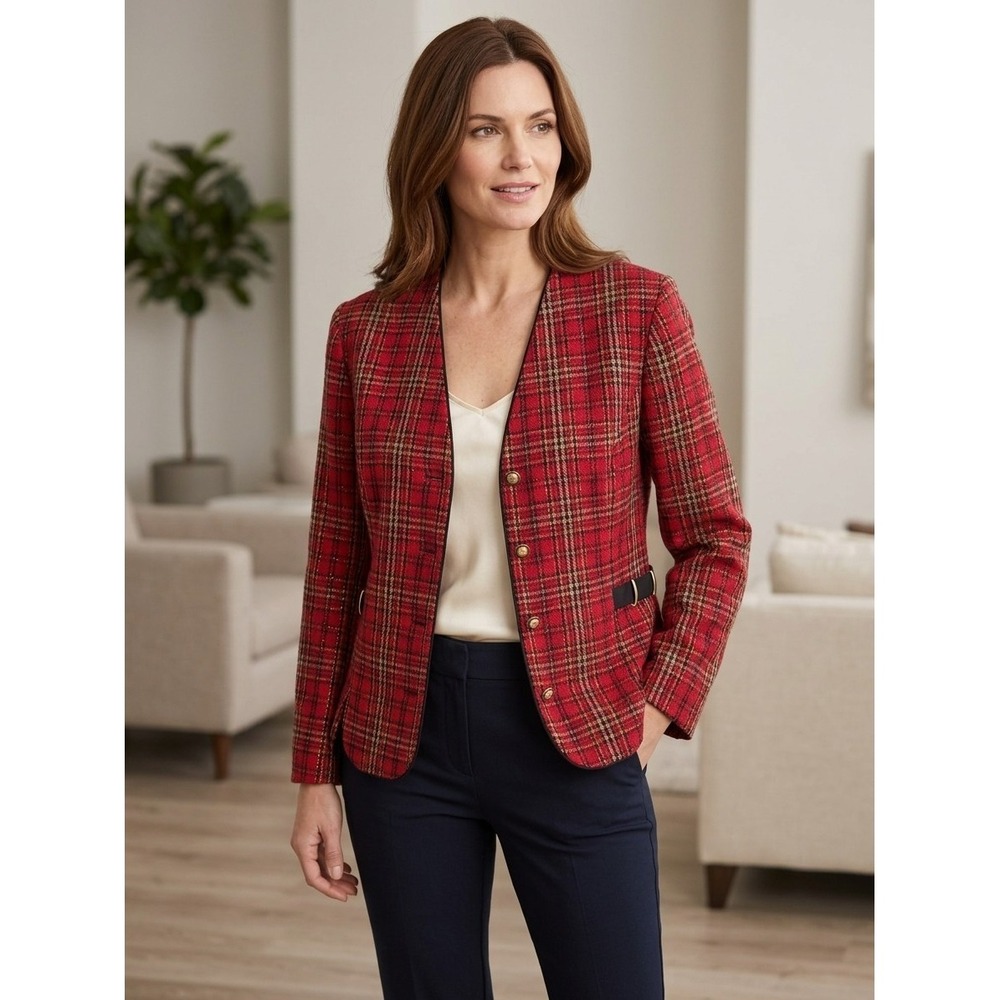 VTG Miss Dorby Red Tartan Plaid 14 Metallic Gold Lurex Holiday Jacket FIts M/L